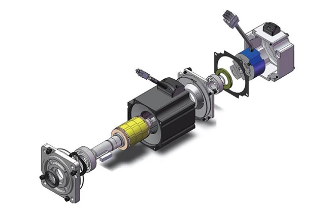 Servo motorun parçalarını gösteren patlatılmış görünüm